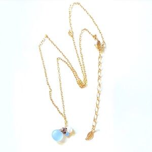 Handmade Gold Filled Dainty Layered Necklace Blue Chalcedony Pearl Pendant